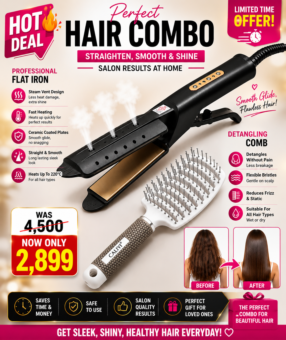 Hot Selling Professional Steam Hair Straightener Wide Flat Iron 4 Level Adjustable Temperature Tourmaline Ceramic Hair Care Styling Tool