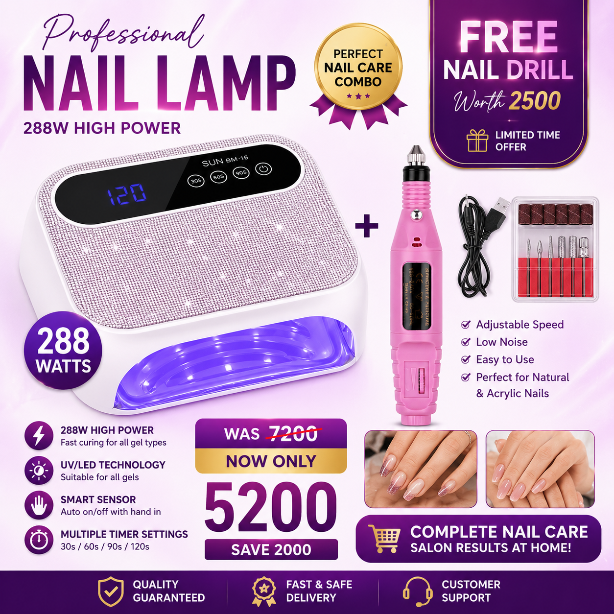 288W 2in1 LED UV Nail Curing Lamp with 72 LED Lights for Fast Hard Gel Drying, Smart Sensor, Double-Speed Timer and Digital Display for Salon and Home Use plus free nail drill