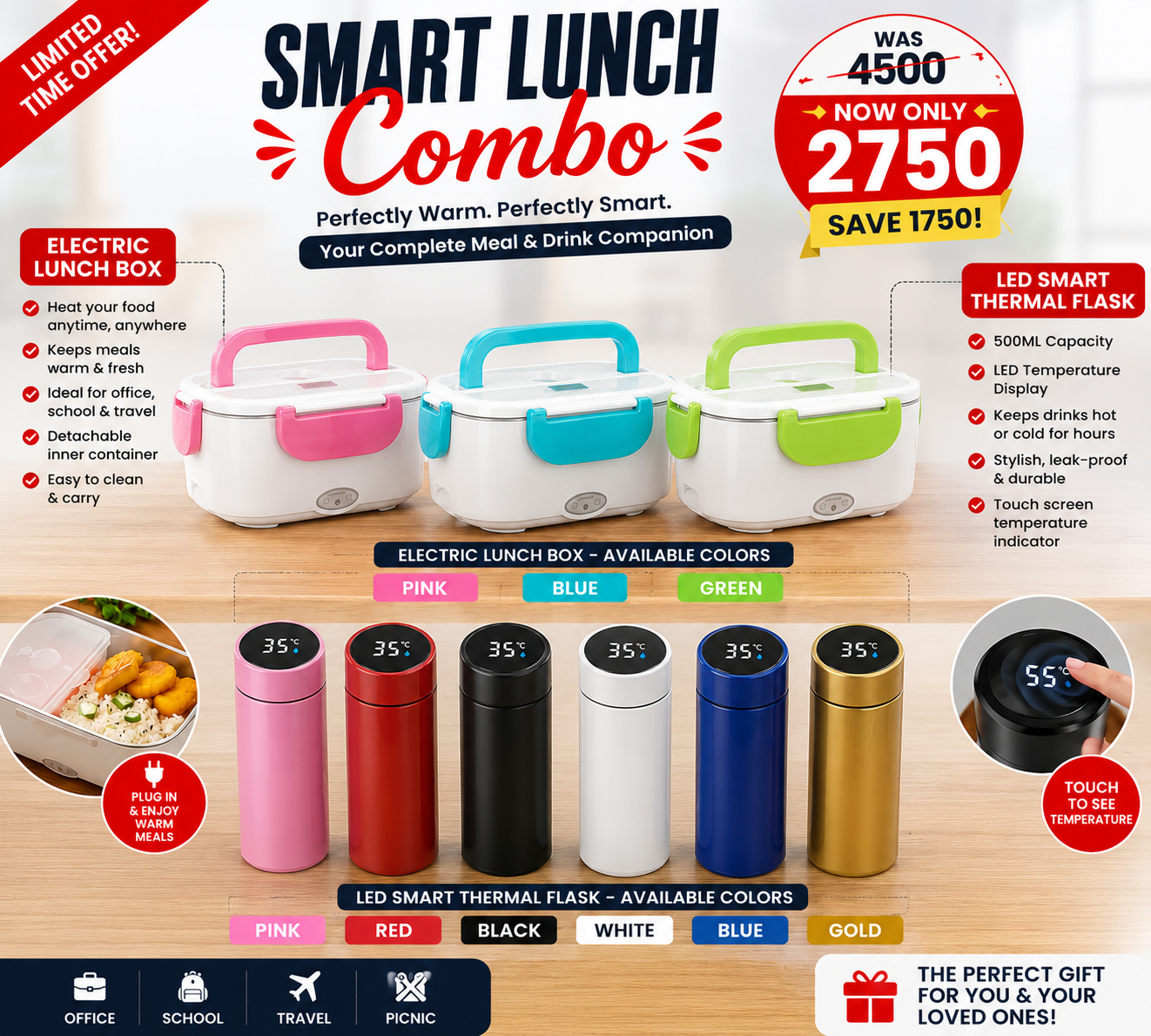 Portable Electric Food Lunchbox Warmer plus smart thermal flask 500ml with temperature display