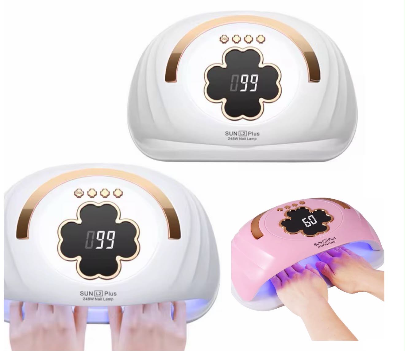 Professional 248W UV LED Nail Lamp flower-shaped top for 2 hands with a digital timer display