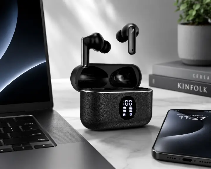 Zyro B01 Earbuds, 4-Mic Hybrid ENC, 13mm Signature Drivers, Digital Power Display, Type-C Fast Charge, Secure Comfort Fit, CE-Certified, Leather-Texture Construction, 400 mAh Smart Case, 6.0 Bluetooth