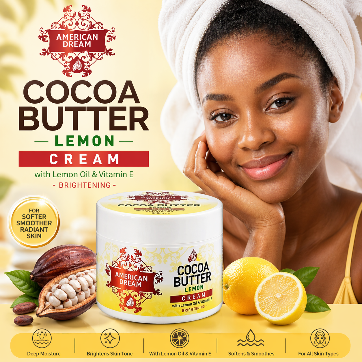Original American Dream Cocoa Butter Lemon Cream 500ml – Brightening Body Cream with Lemon Oil & Vitamin E for Glowing Skin, Moisturizing Cream for Dark Spots & Dry Skin