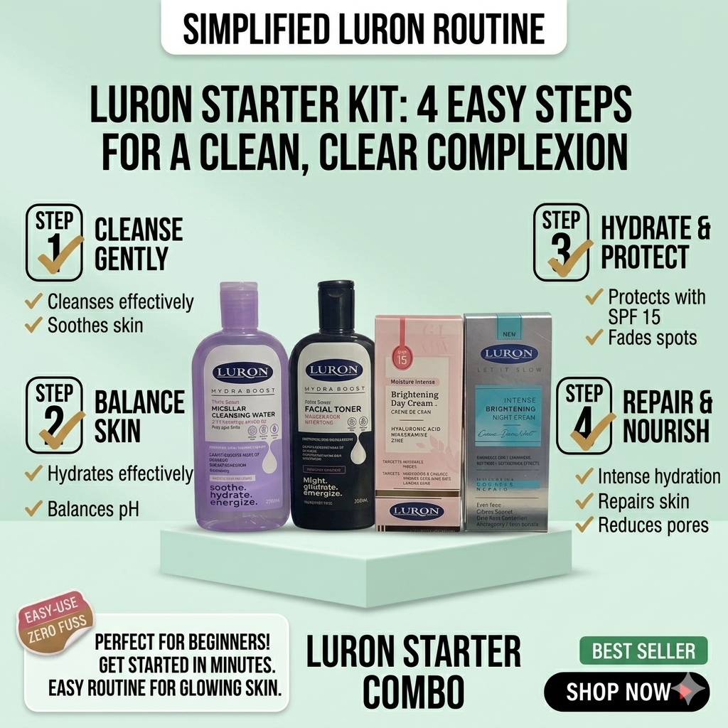 Luron Niacinamide Beginner Skincare Set – Complete 4-in-1 Facial Care Routine with Micellar Cleansing Water, Witch Hazel Toner, Day Cream & Night Cream | Hydrating, Brightening & Smooth Glowing Skin