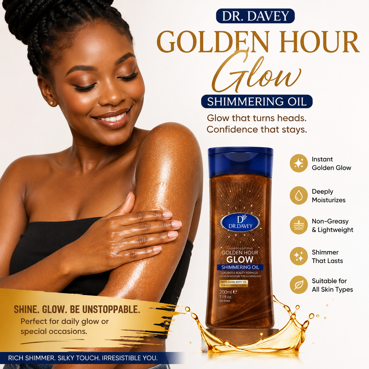 Dr. Davey Golden Glow Shimmering Body Oil – Instant Radiant Skin Glow, Deep Moisturizing & Long-Lasting Glow Oil for All Skin Types