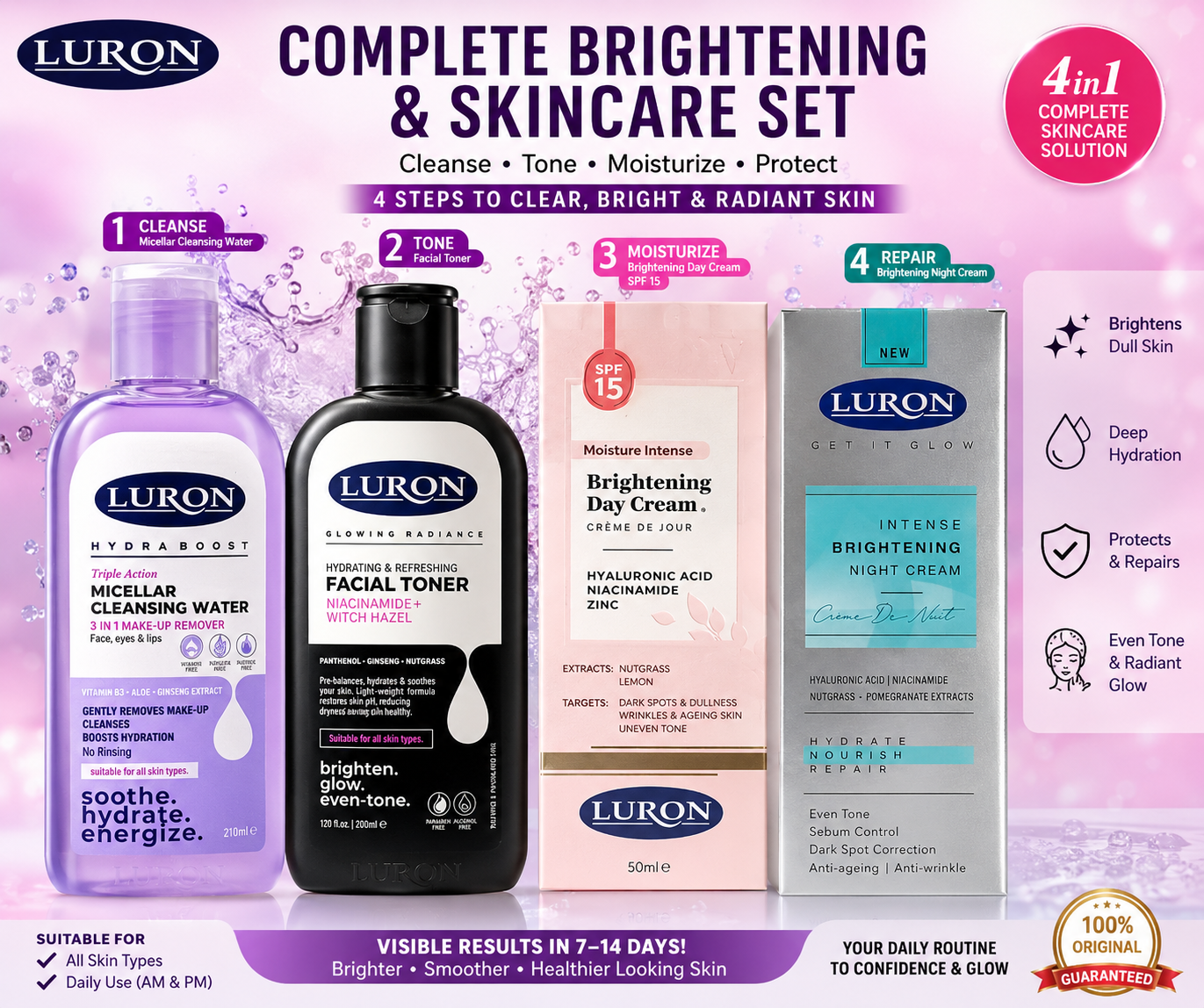 Luron Niacinamide Skincare Set – Complete 4-in-1 Facial Care Routine with Micellar Cleansing Water, Witch Hazel Toner, Day Cream & Night Cream | Hydrating, Brightening & Smooth Glowing Skin