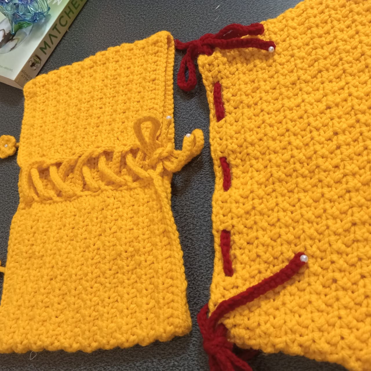 Yellow Beach Starfish Crochet Set - Handmade Crochet Bikini Top & Matching Skirt Two-Piece Set with Bold Red & White Starfish
