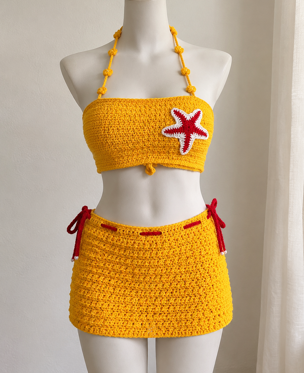 Yellow Beach Starfish Crochet Set - Handmade Crochet Bikini Top & Matching Skirt Two-Piece Set with Bold Red & White Starfish
