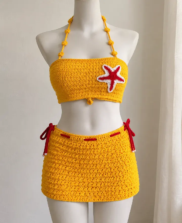 Yellow Beach Starfish Crochet Set - Handmade Crochet Bikini Top & Matching Skirt Two-Piece Set with Bold Red & White Starfish