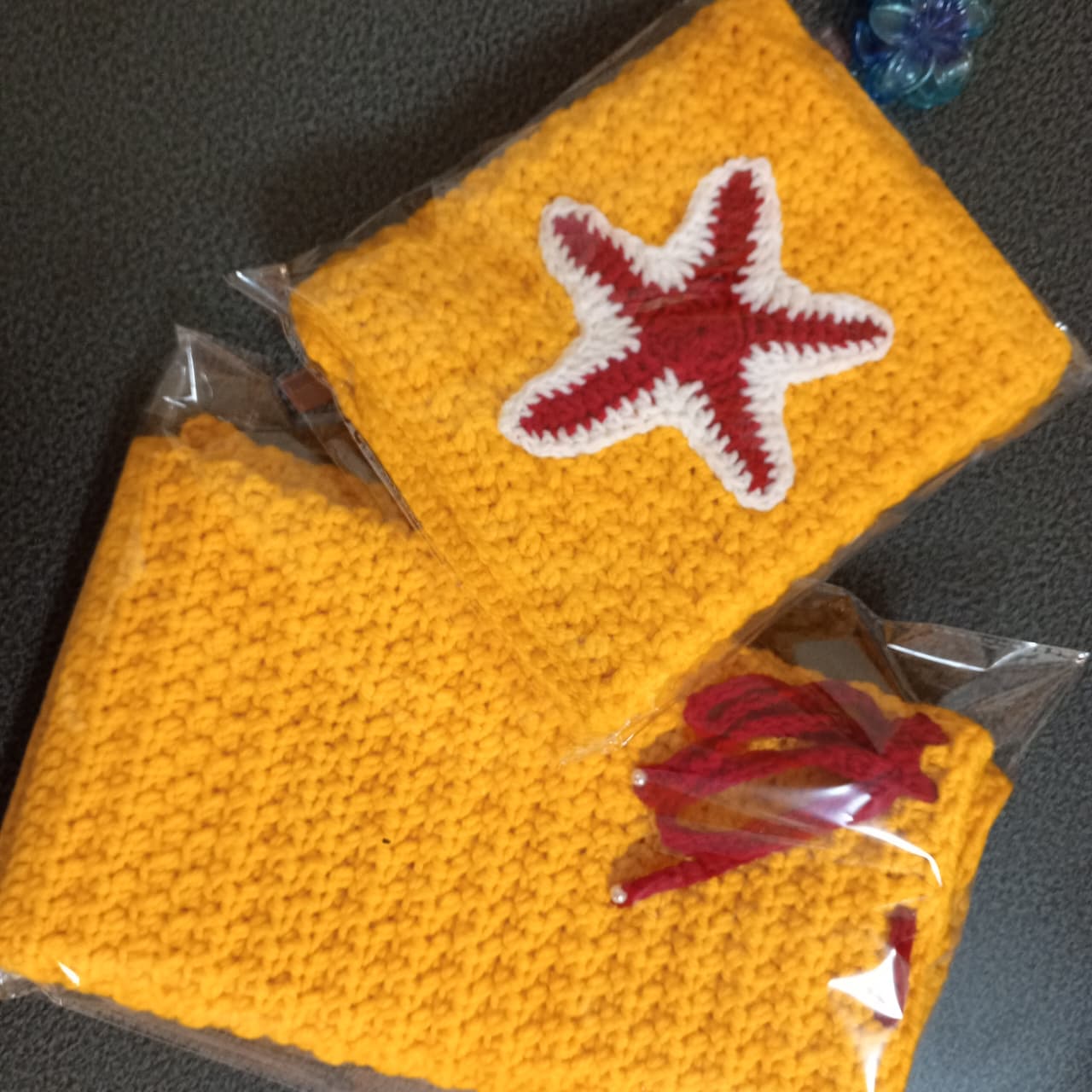 Yellow Beach Starfish Crochet Set - Handmade Crochet Bikini Top & Matching Skirt Two-Piece Set with Bold Red & White Starfish