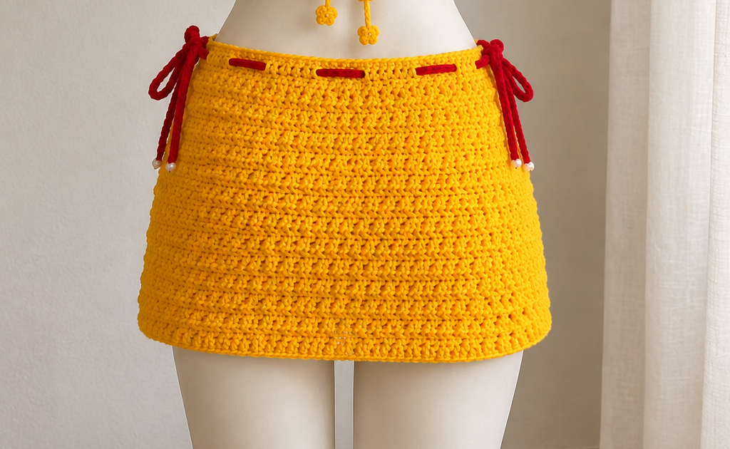 Yellow Beach Starfish Crochet Set - Handmade Crochet Bikini Top & Matching Skirt Two-Piece Set with Bold Red & White Starfish