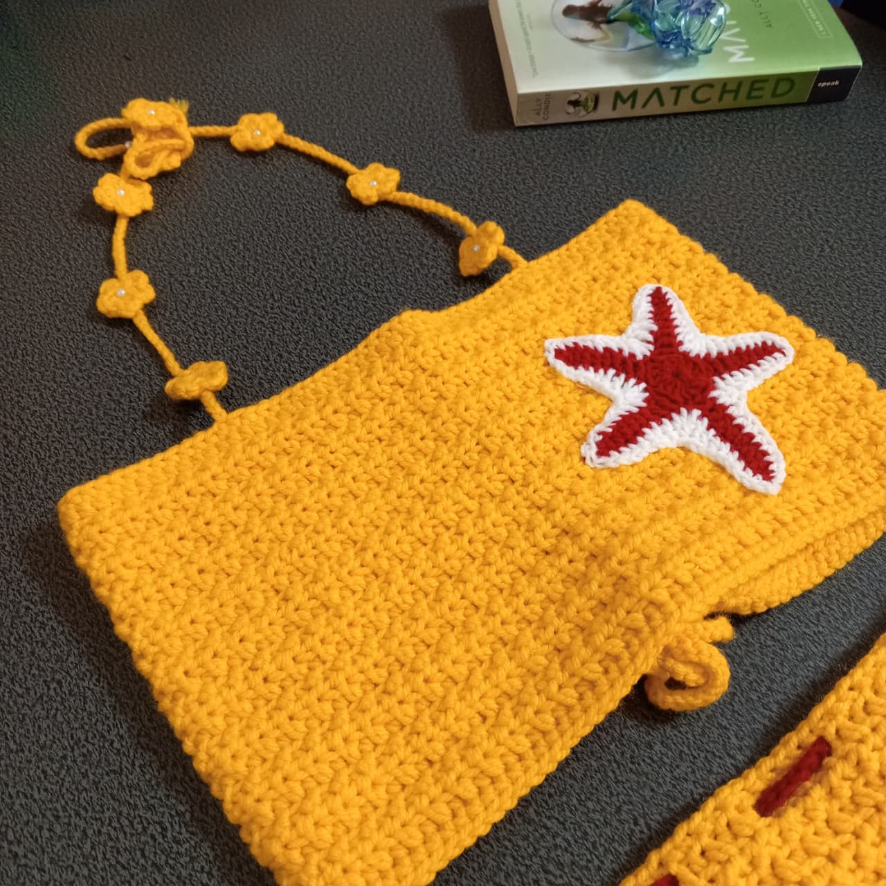 Yellow Beach Starfish Crochet Set - Handmade Crochet Bikini Top & Matching Skirt Two-Piece Set with Bold Red & White Starfish