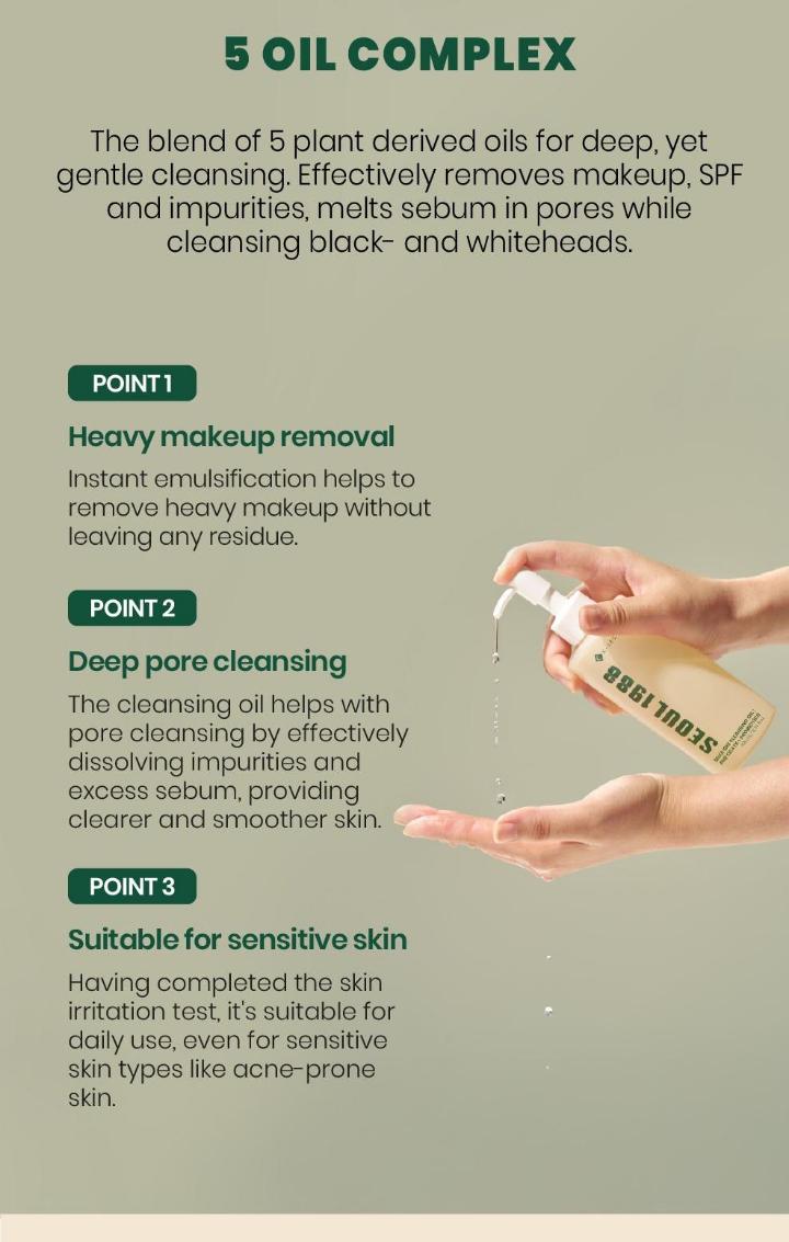 K-Secret Seoul 1988 Cleansing Oil with Pine Cica and Probiotics, : A mild, hydrating hydrophilic facial makeup remover oil. It effectively dissolves heavy makeup, sunscreen,