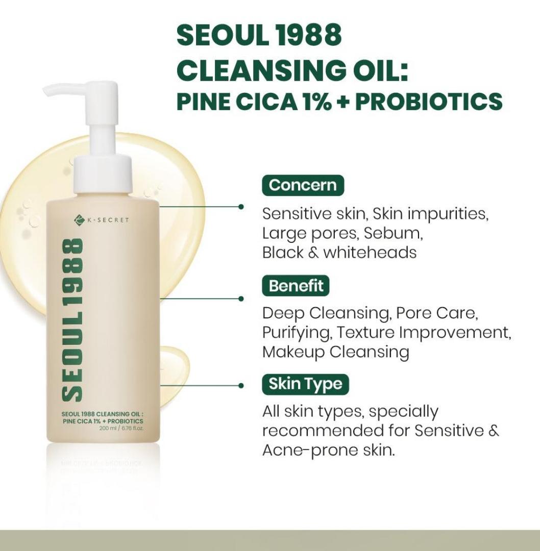 K-Secret Seoul 1988 Cleansing Oil with Pine Cica and Probiotics, : A mild, hydrating hydrophilic facial makeup remover oil. It effectively dissolves heavy makeup, sunscreen,
