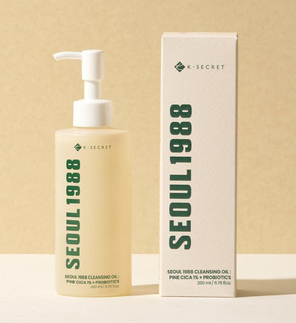 K-Secret Seoul 1988 Cleansing Oil with Pine Cica and Probiotics, : A mild, hydrating hydrophilic facial makeup remover oil. It effectively dissolves heavy makeup, sunscreen,