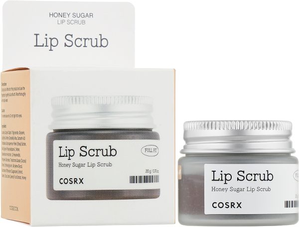COSRX Full Fit Honey Sugar Lip Scrub containing sucrose for exfoliation and honey extract for moisturizing.