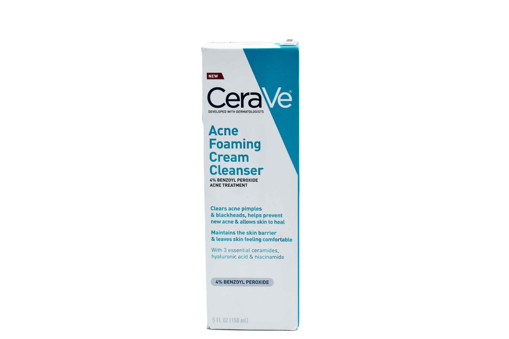 CeraVe Acne Foaming Cream Cleanser contains 4% benzoyl peroxide to treat acne pimples and blackheads.