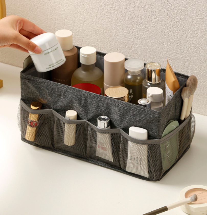 Fabric storage box, multifunctional desktop organizer, large capacity cosmetic storage box with mesh pocket, stationery storage basket for storage