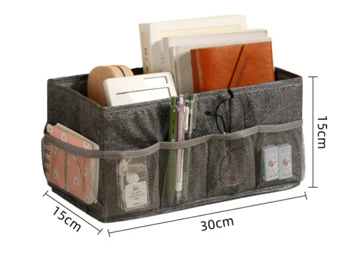 Fabric storage box, multifunctional desktop organizer, large capacity cosmetic storage box with mesh pocket, stationery storage basket for storage