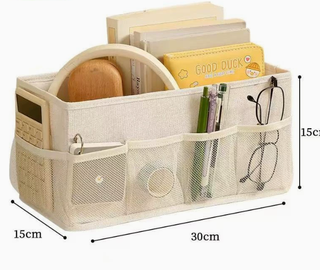 Fabric storage box, multifunctional desktop organizer, large capacity cosmetic storage box with mesh pocket, stationery storage basket for storage