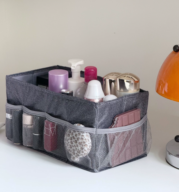 Fabric storage box, multifunctional desktop organizer, large capacity cosmetic storage box with mesh pocket, stationery storage basket for storage