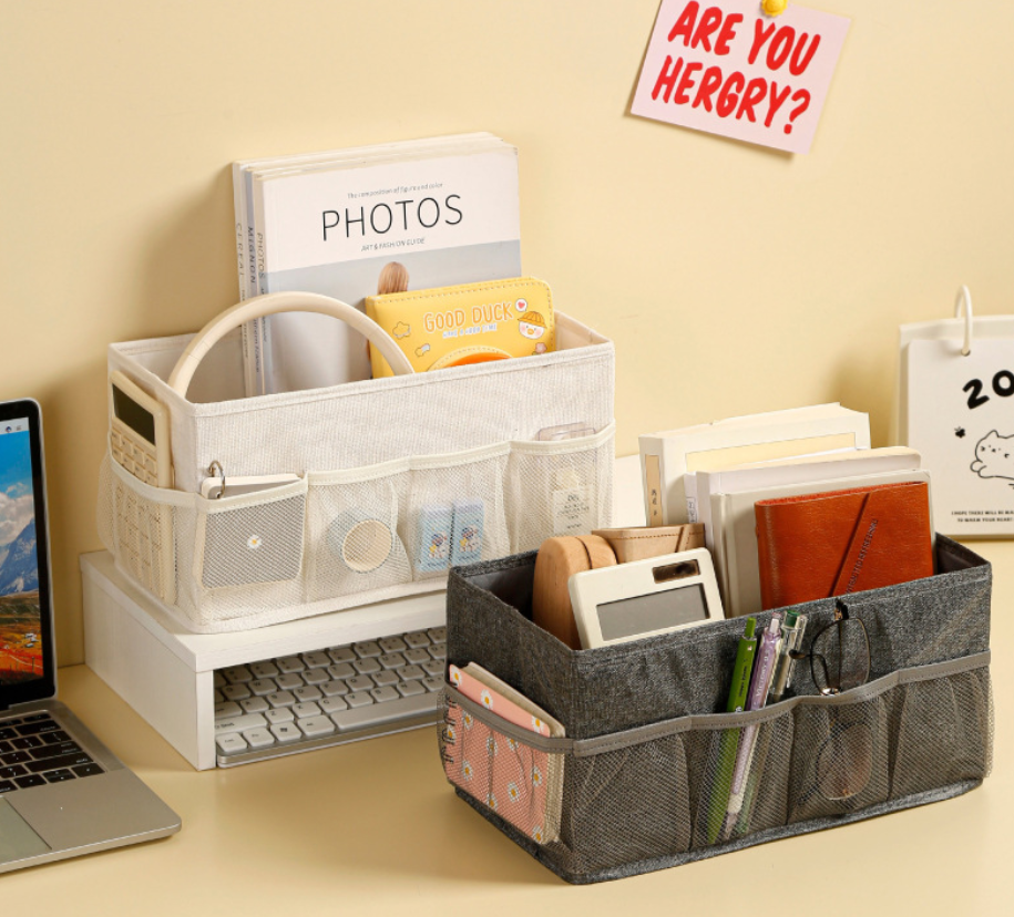 Fabric storage box, multifunctional desktop organizer, large capacity cosmetic storage box with mesh pocket, stationery storage basket for storage