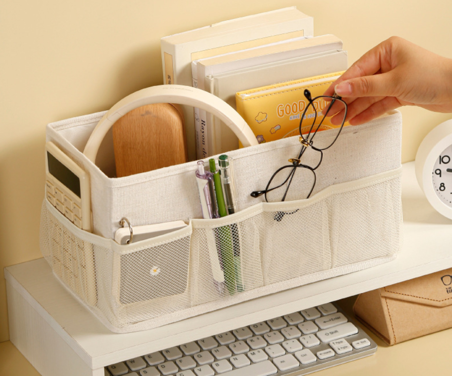 Fabric storage box, multifunctional desktop organizer, large capacity cosmetic storage box with mesh pocket, stationery storage basket for storage