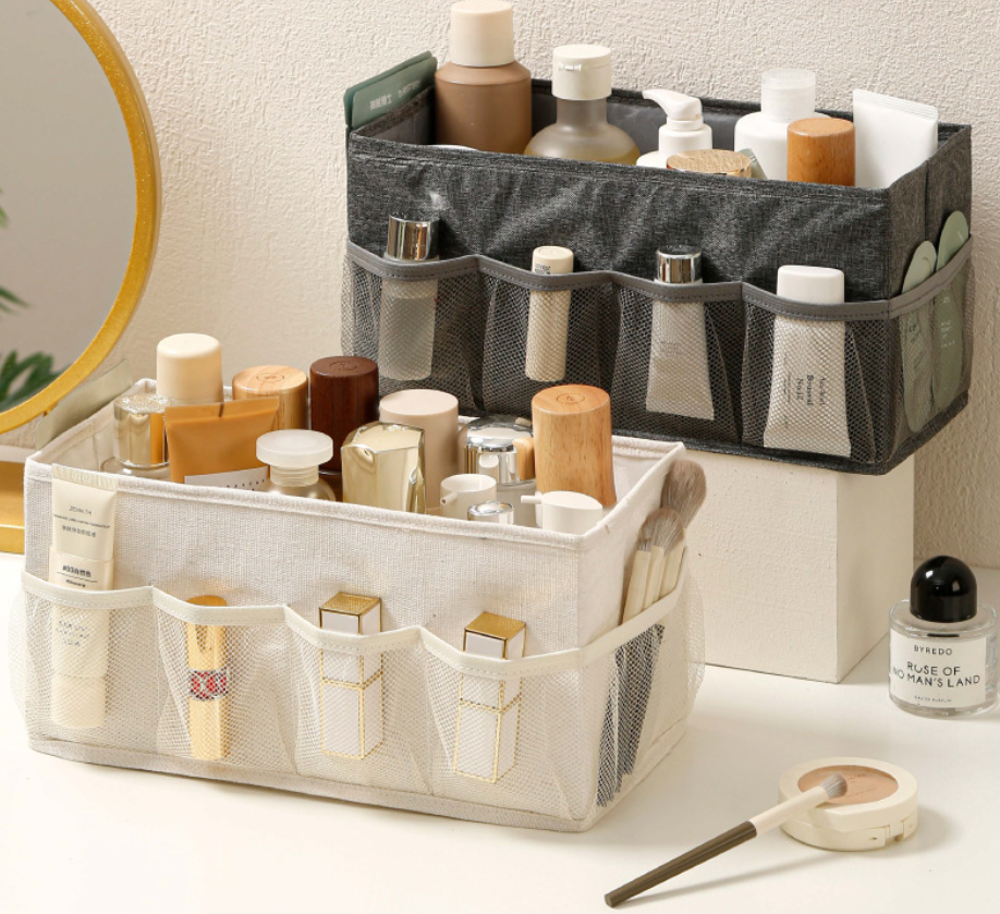 Fabric storage box, multifunctional desktop organizer, large capacity cosmetic storage box with mesh pocket, stationery storage basket for storage