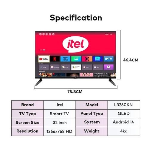 ITEL 32 INCH , QLED Smart TV, Frameless, Bluetooth, Android14, Wifi, Digital, Netflix, YouTube, Prime, 32" TV, television +FREE TV GUARD AND WALL BRACKET-1 YEAR WARRANTY