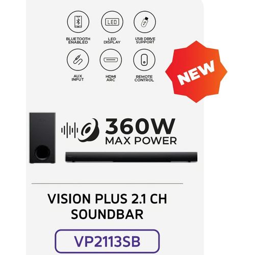 Vision plus VP2113SB 360W 2.1CH Deep Bass Soundbar – Dolby Audio, 6.5" Subwoofer, Bluetooth, HDMI ARC, Optical, USB, Home Cinema Sound + 1YR WRTY