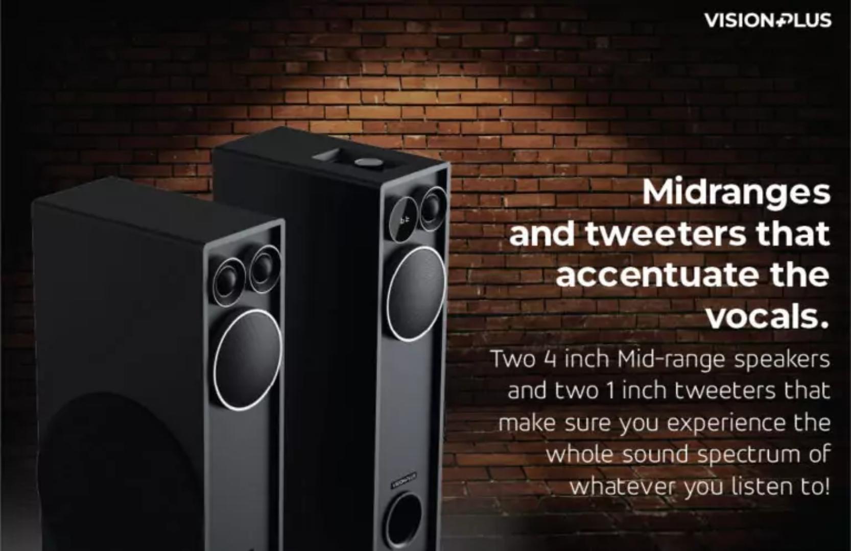 Vision Plus VP2060TS Tower Speaker 240W with versatile connectivity options including Bluetooth, USB, AUX, and HDMI-1 year warranty
