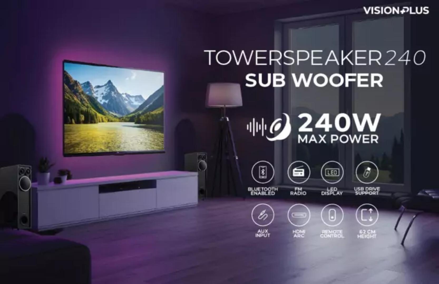 Vision Plus VP2060TS Tower Speaker 240W with versatile connectivity options including Bluetooth, USB, AUX, and HDMI-1 year warranty