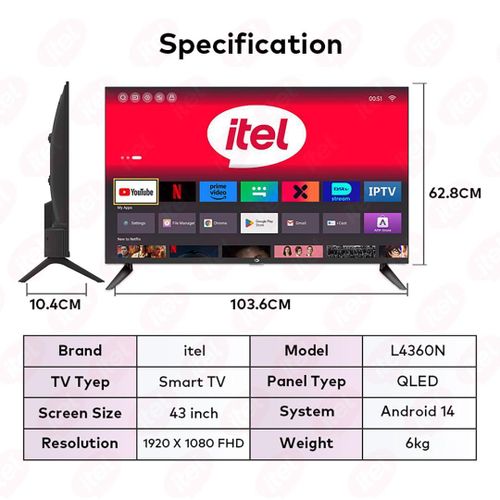 Itel 43 Inch QLED Smart TV Full HD, WiFi, Bluetooth, Frameless Display, Netflix, YouTube, Prime Video, Built-in Decoder, HDR Picture Quality, Energy Saving Television+FREE TV GUARD AND WALLBRACKET