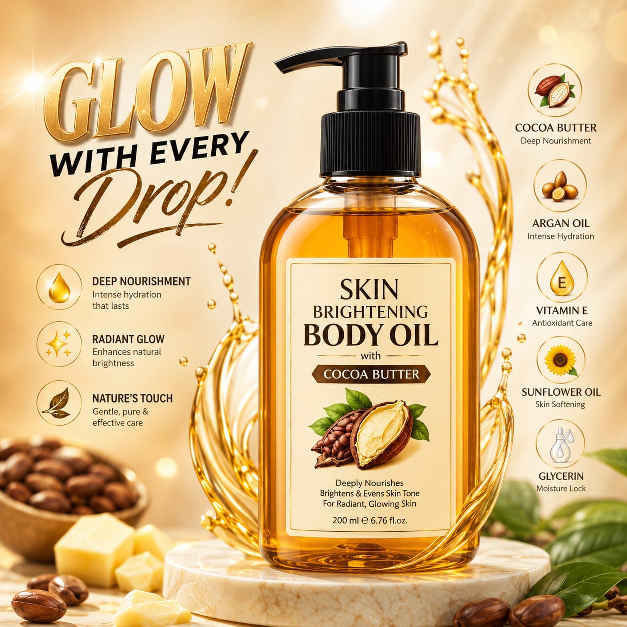 Skin Brightening Body Oil with Cocoa Butter – Deep Nourishing Glow Oil for Soft Radiant Skin | Argan oil | Tumeric Oil | Vitamin C | Sunflower Oil