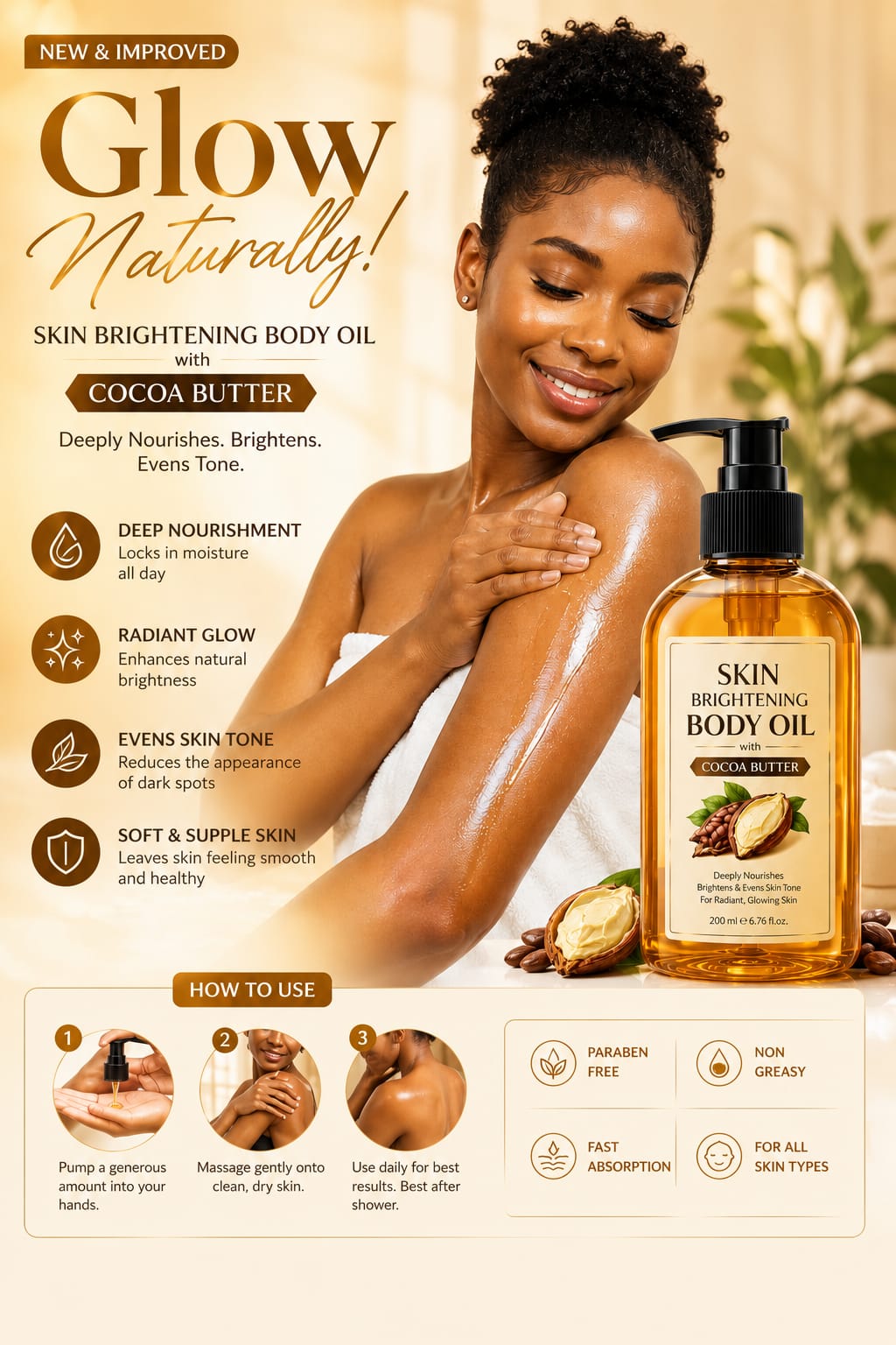 Skin Brightening Body Oil with Cocoa Butter – Deep Nourishing Glow Oil for Soft Radiant Skin | Argan oil | Tumeric Oil | Vitamin C | Sunflower Oil