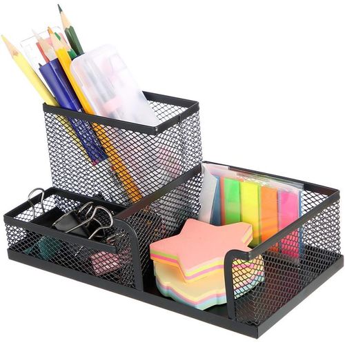 Black Metal Mesh Desk Organizer - 3 Compartments, Durable & Scratch-Resistant
