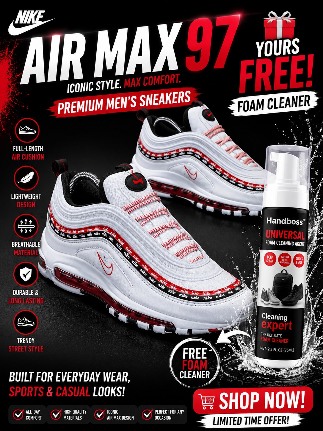 🔥 (Free Foam Cleaner Gift) 🔥 Air Max 97 White Red  Men’s Sneakers – Men’s Cushioned Running Shoes, Streetwear Trainers, Comfortable Sports Shoes, Casual Fashion Sneakers with Air Sole Unit,