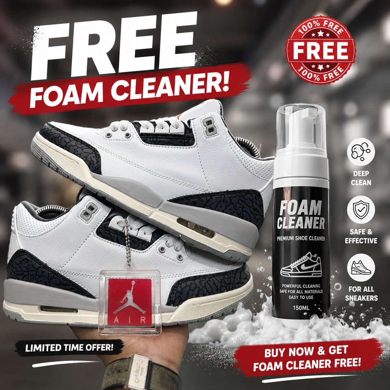 🔥 (free foam cleaner) 🔥 Air jordan 3 Retro  Men’s Sneakers – Men’s Cushioned Running Shoes, Streetwear Trainers, Comfortable Sports Shoes, Casual Fashion Sneakers with Air Sole Unit,