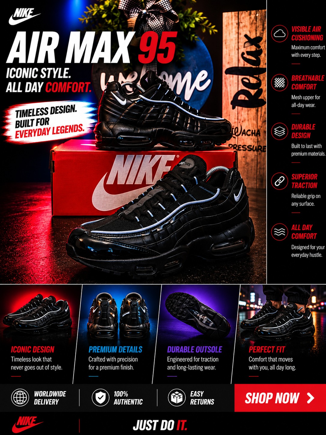 🔥  Air Max 95 Black Sneakers – Men’s Cushioned Running Shoes, Streetwear Trainers, Comfortable Sports Shoes, Casual Fashion Sneakers with Air Sole Unit, (airforce 1, airmax 95 90, 97, tn, dn, jordan)