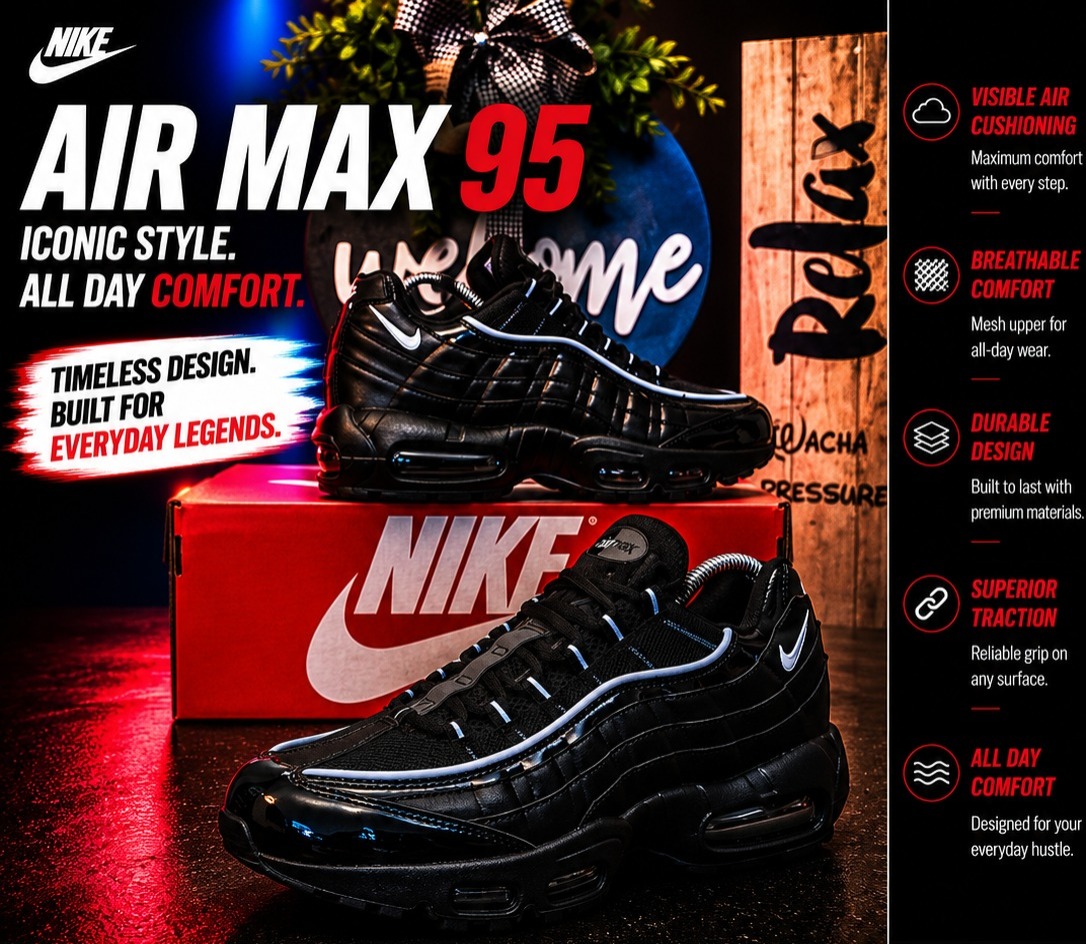 🔥  Air Max 95 Black Sneakers – Men’s Cushioned Running Shoes, Streetwear Trainers, Comfortable Sports Shoes, Casual Fashion Sneakers with Air Sole Unit, (airforce 1, airmax 95 90, 97, tn, dn, jordan)