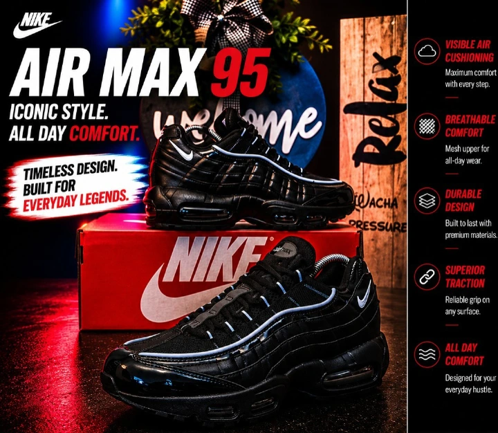 🔥  Air Max 95 Black Sneakers – Men’s Cushioned Running Shoes, Streetwear Trainers, Comfortable Sports Shoes, Casual Fashion Sneakers with Air Sole Unit, (airforce 1, airmax 95 90, 97, tn, dn, jordan)