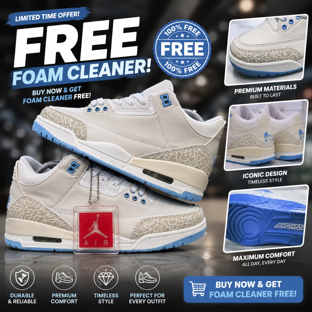 🔥 (free foam cleaner) 🔥 Air jordan 3 Retro  Men’s Sneakers – Men’s Cushioned Running Shoes, Streetwear Trainers, Comfortable Sports Shoes, Casual Fashion Sneakers with Air Sole Unit,