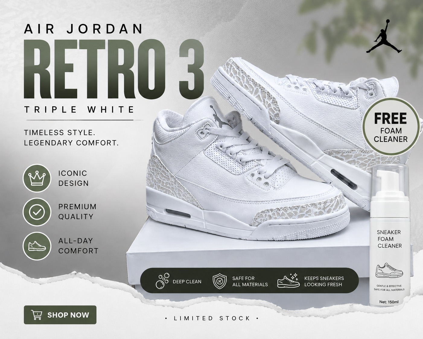 🔥 (free foam cleaner) 🔥 Air jordan 3 Retro  Men’s Sneakers – Men’s Cushioned Running Shoes, Streetwear Trainers, Comfortable Sports Shoes, Casual Fashion Sneakers with Air Sole Unit,