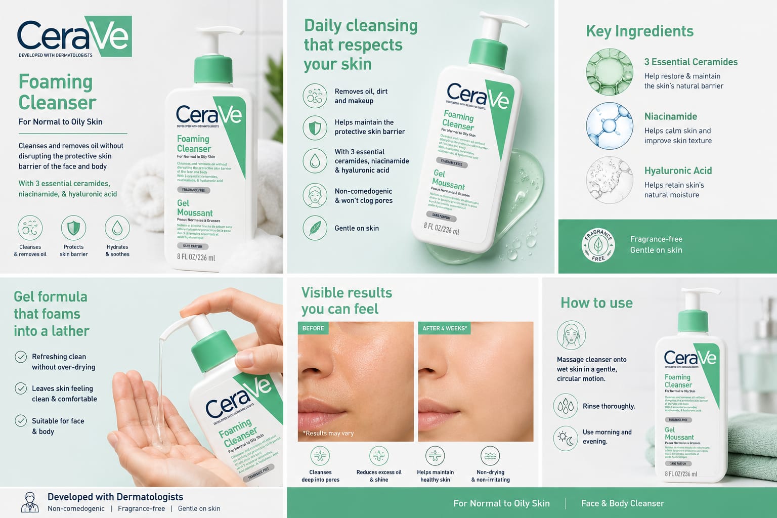 CeraVe Foaming Cleanser for Normal to Oily Skin in the 236ml size.This cleanser is designed to remove excess oil, dirt, and makeup without disrupting the skin barrier.