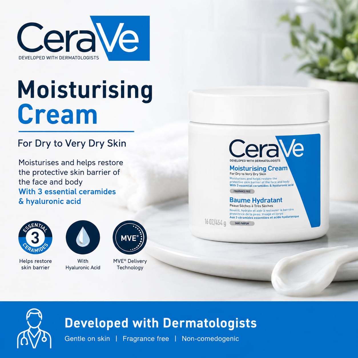 CeraVe 454G Moisturising Cream for dry to very dry skin, Very Gentle on the Skin.