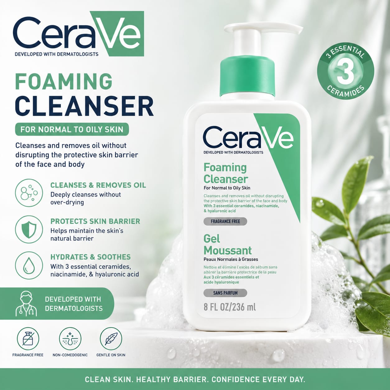 CeraVe Foaming Cleanser for Normal to Oily Skin in the 236ml size.This cleanser is designed to remove excess oil, dirt, and makeup without disrupting the skin barrier.