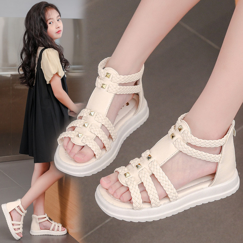 summer girls open toe sandals, big kids soft sole princess shoes, children breathable casual footwear, anti-slip kids summer walking shoes, fashionable girls daily dress sandals