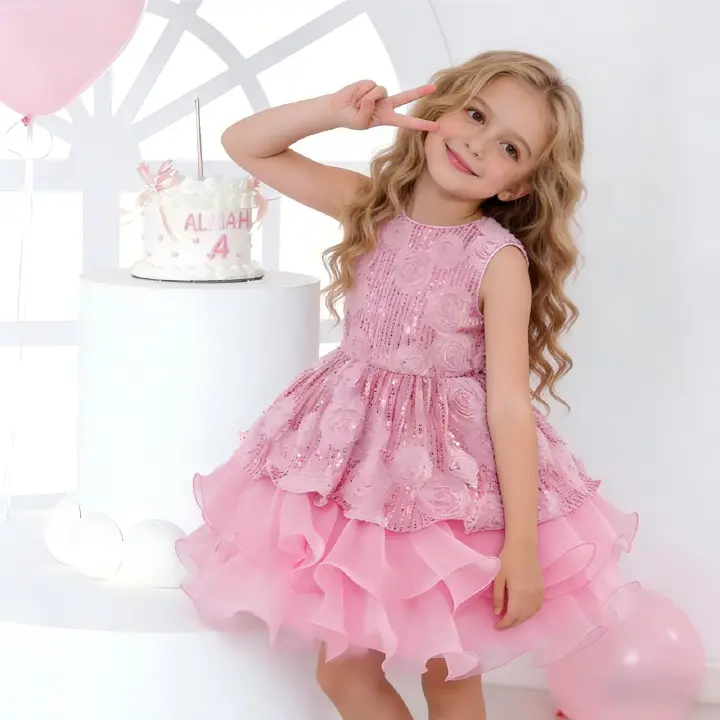 Kids Elegant Flower Girl Dress Sparkling Sequin Layered Tulle Puffy Princess Dress for Birthday Wedding Pageant