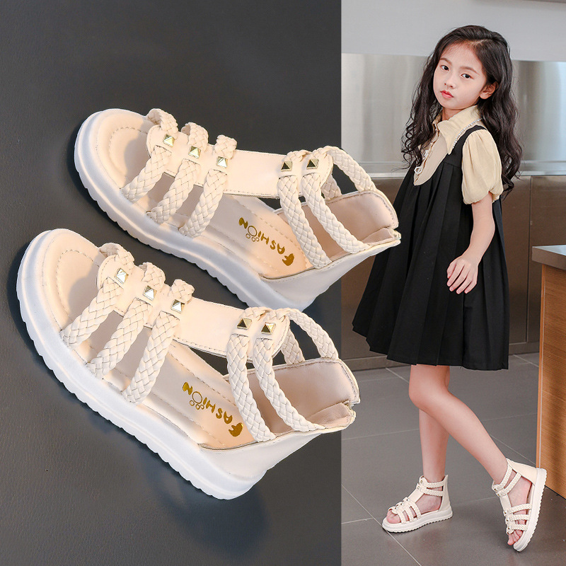 summer girls open toe sandals, big kids soft sole princess shoes, children breathable casual footwear, anti-slip kids summer walking shoes, fashionable girls daily dress sandals