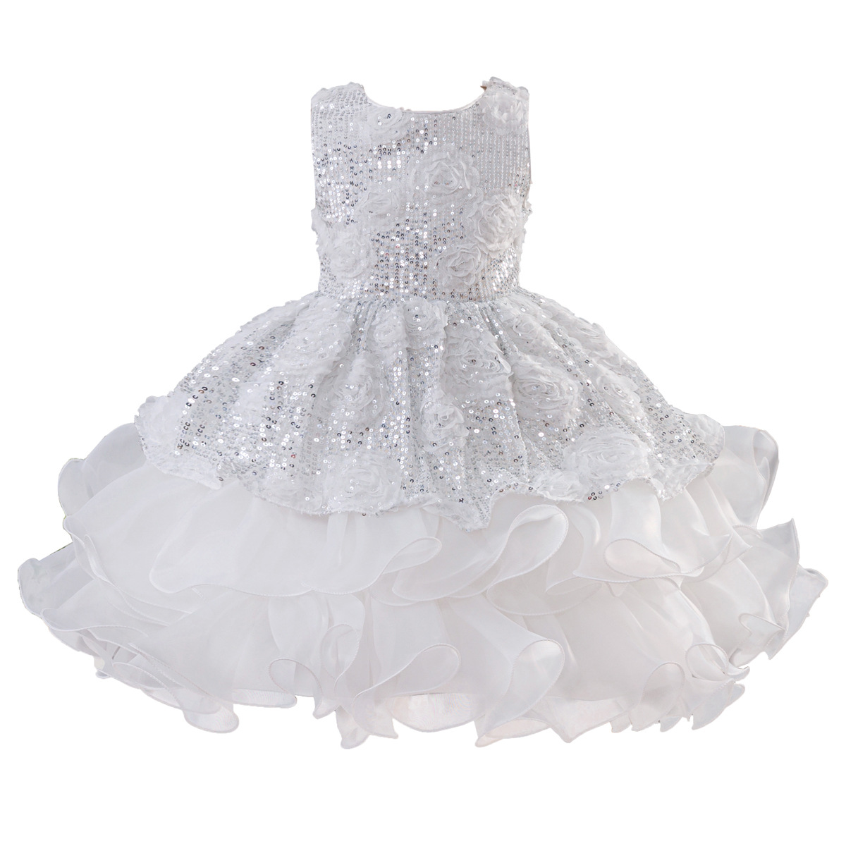 Kids Elegant Flower Girl Dress Sparkling Sequin Layered Tulle Puffy Princess Dress for Birthday Wedding Pageant