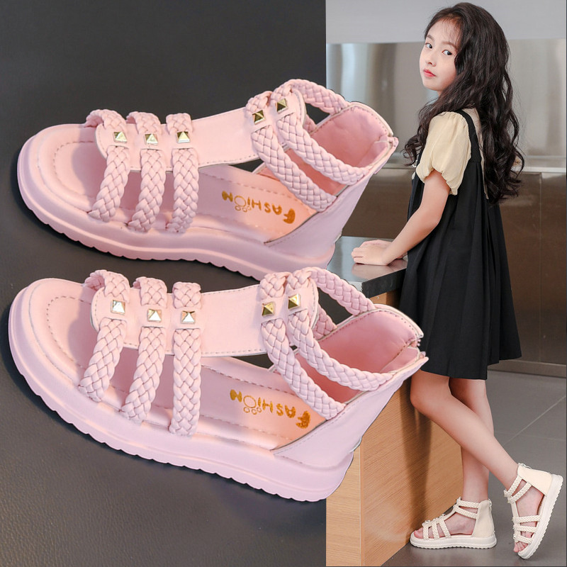 summer girls open toe sandals, big kids soft sole princess shoes, children breathable casual footwear, anti-slip kids summer walking shoes, fashionable girls daily dress sandals